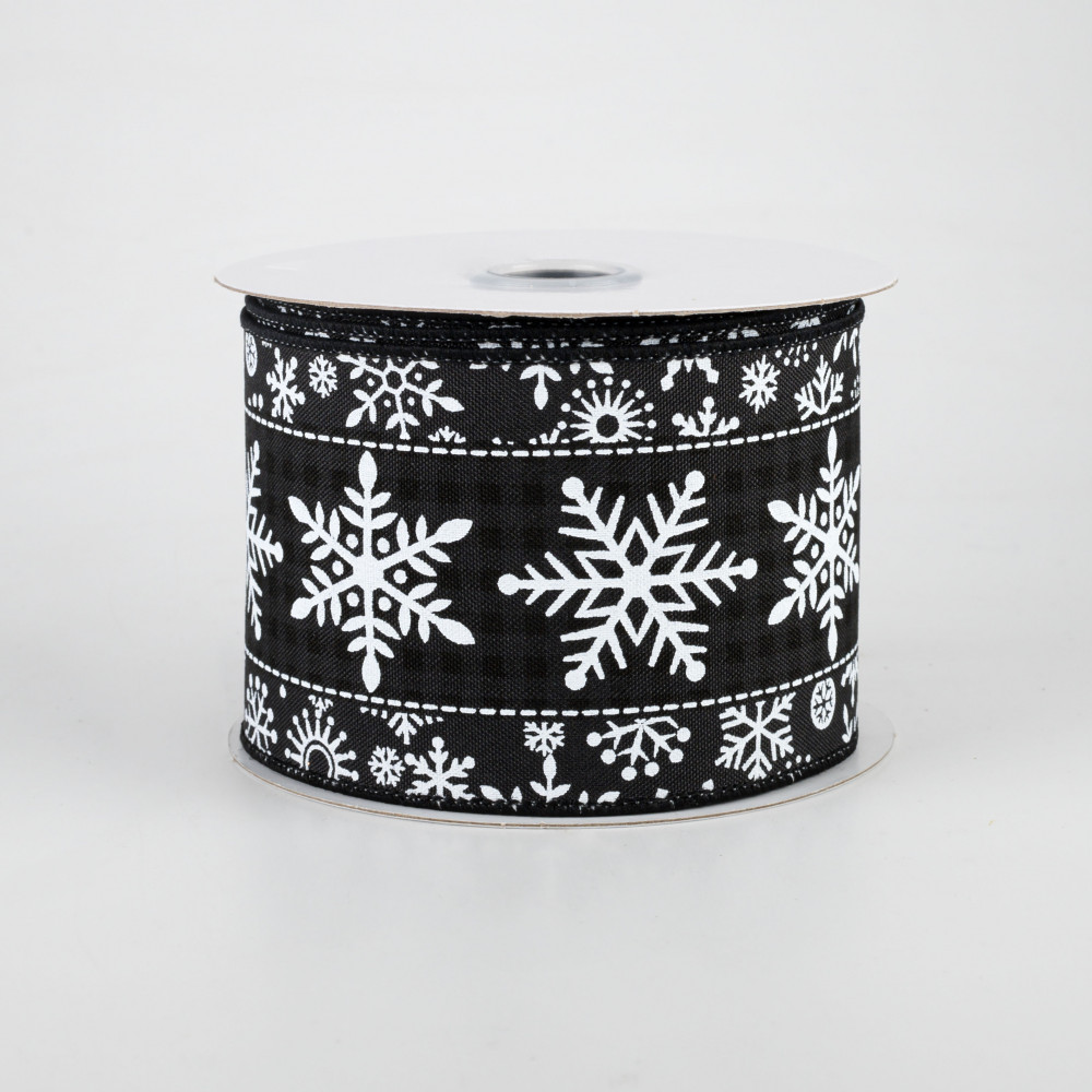 2.5 inch by 10 Yard Black Background with Silver Glitter Snowflake Ribbon