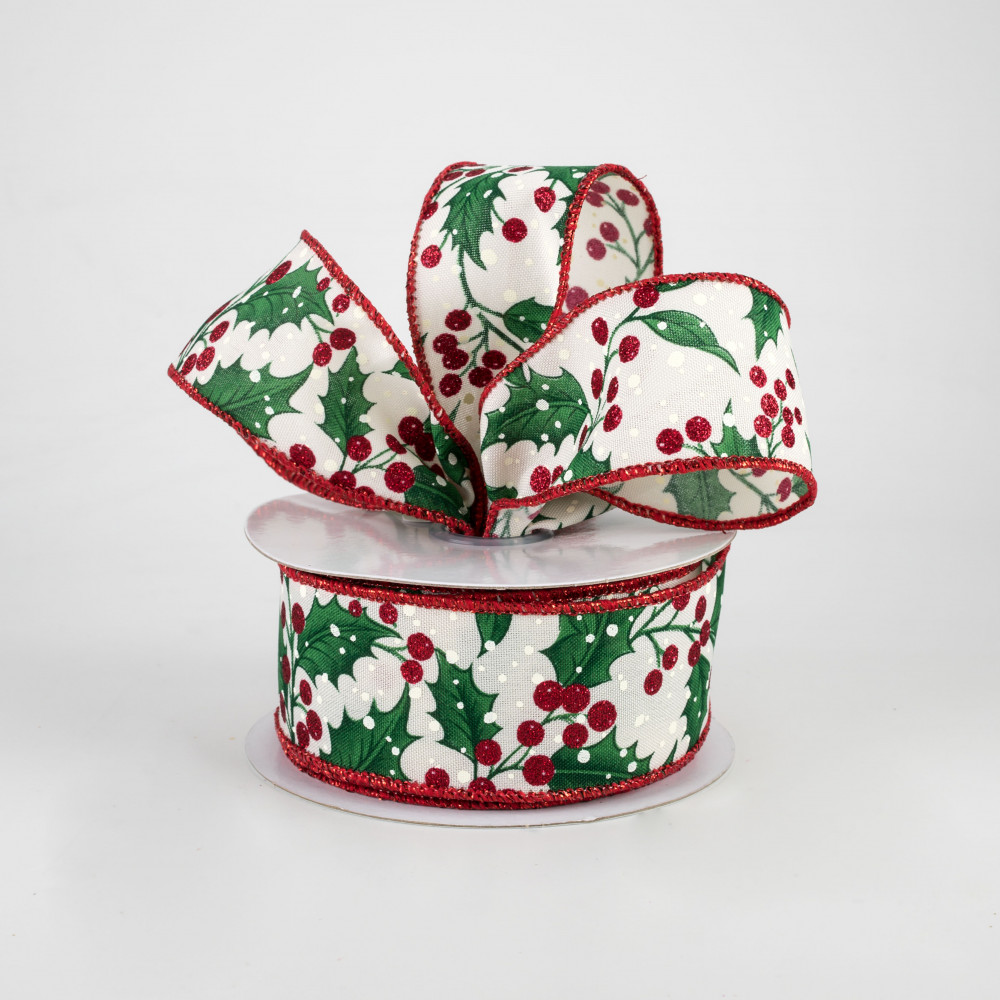 Christmas Holly and Berries 2.5” Wired Ribbon - Greenery Market