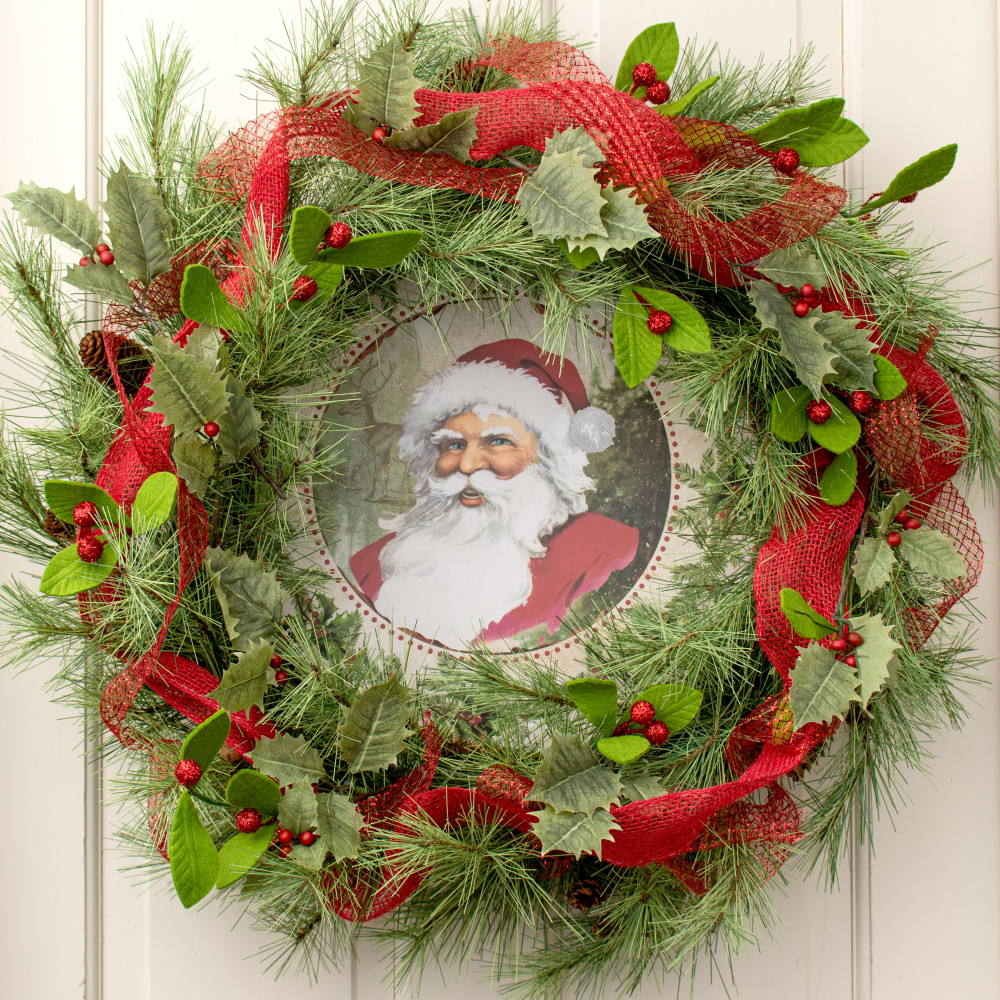 Holiday Sign Nonni Christmas Sign Sweet Magnolia Santa Sign,Door Hanger Wreath Attachment Vintage Santa with Holly Border Sign