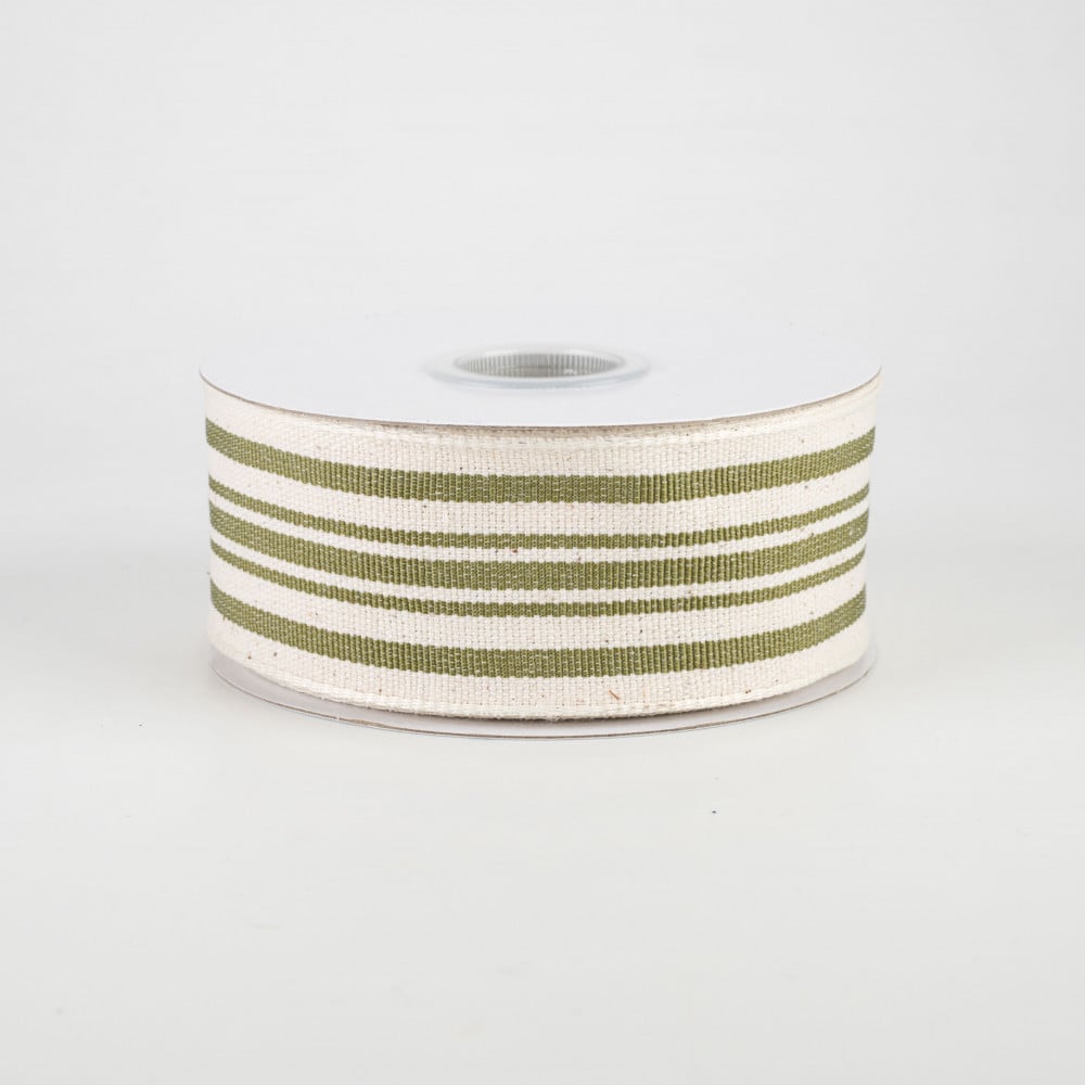 French Style Organic Cotton Natural and Forest Green Stripe Ribbon 1.5 inches wide