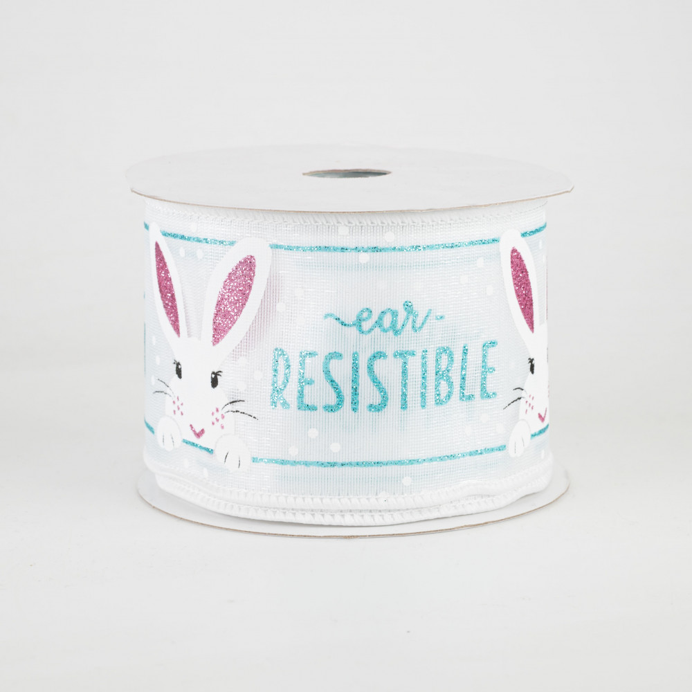 Wired Easter Ribbon - 2.5 White Satin Ribbon with Pastel Easter Bunnies,  Chicks & Eggs - 10 Yards
