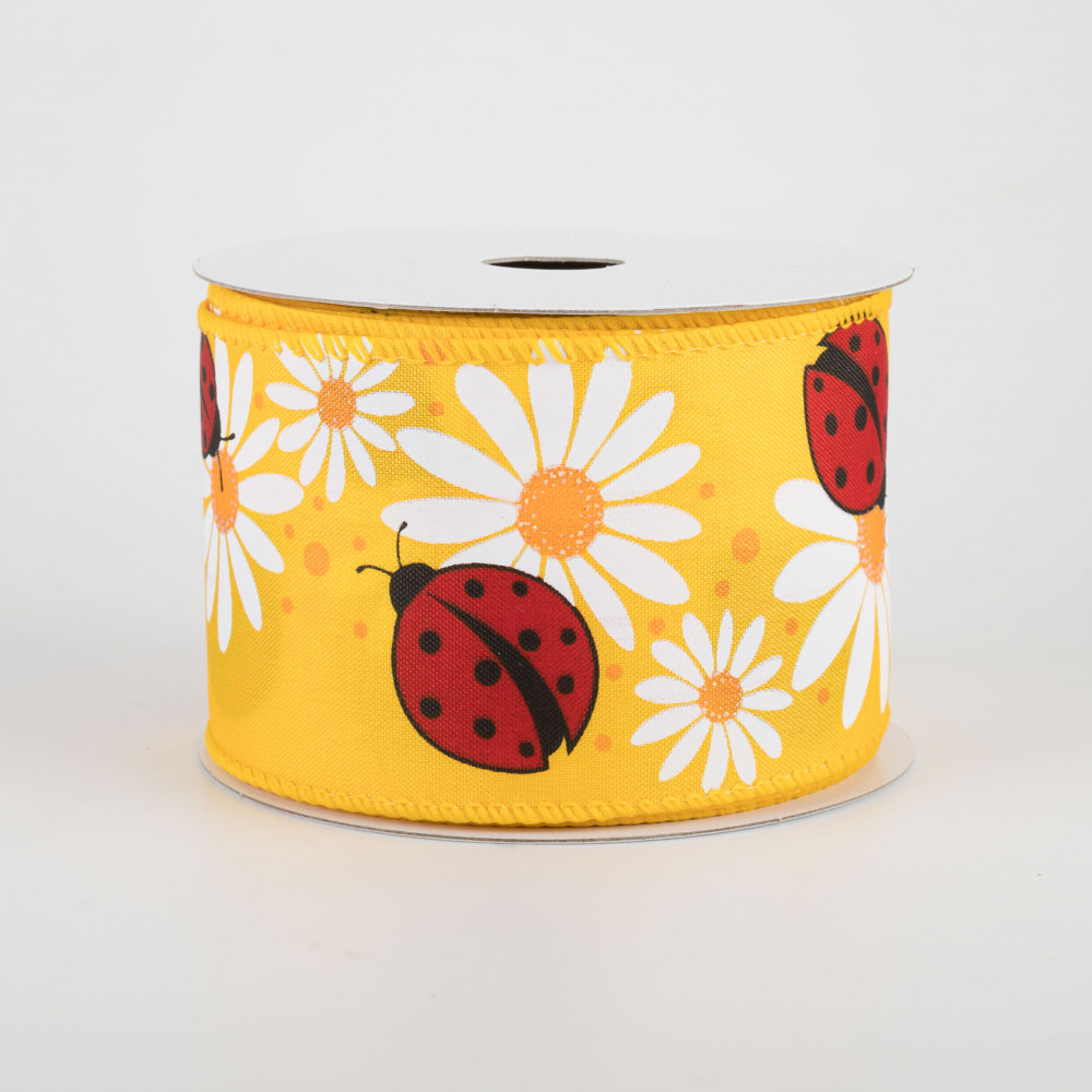 Ladybugs Summer Ribbon Quality Bow Ribbon FREE SHIPPING- 2.5 Wired Ribbon with Red Ladybugs on Yellow 5 Yards