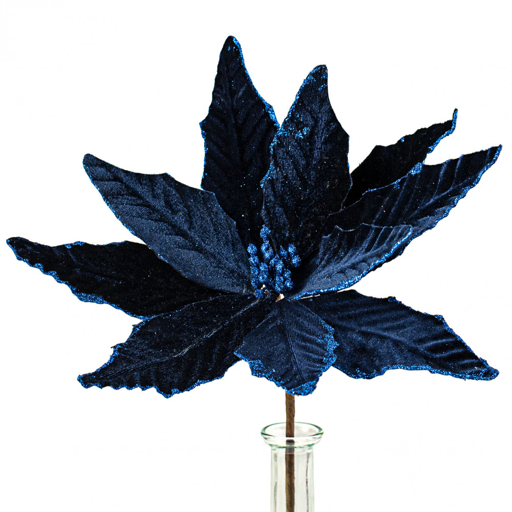 15 Pointy Velvet Poinsettia Pick: Navy Blue [85517NVBL] 