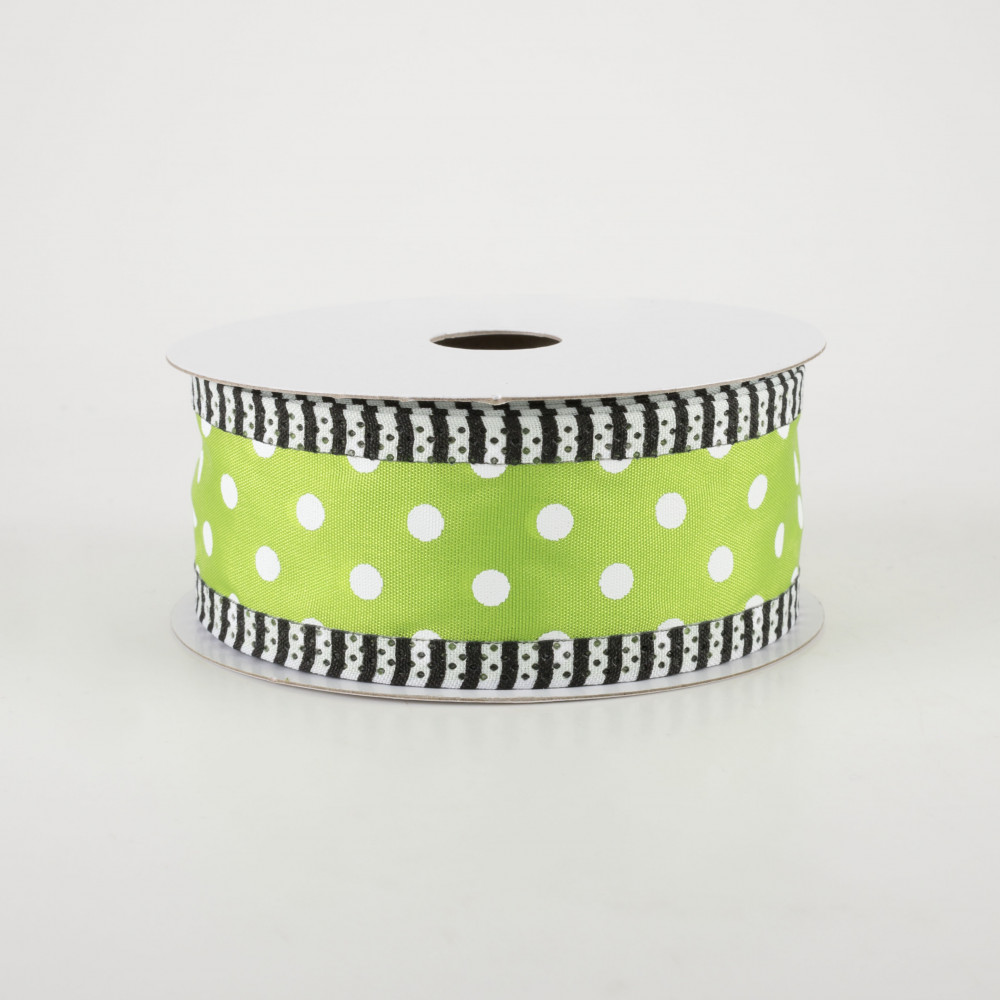 1.5 Thin Stripe Edge Polka Dot Ribbon: Lime Green & White (10 Yards)  [RGA820933] 
