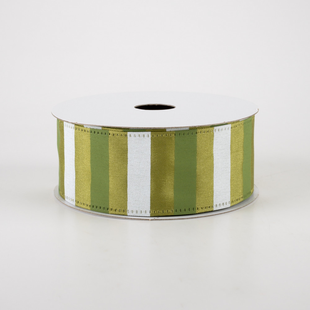1.5 Horizontal Stripes Satin Ribbon: Sage & White on Moss Green (10 Yards)