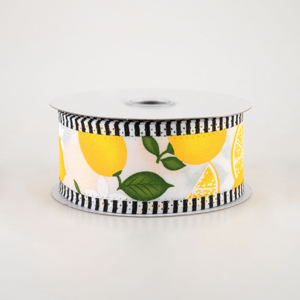 1.5 Thin Stripe Edge Lemon Ribbon: White (10 Yards)