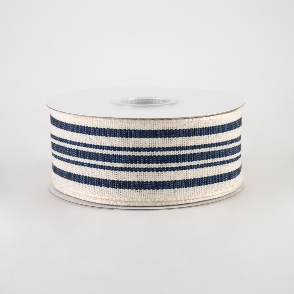 Wide and narrow stripes of gray and navy printed on 1.5 gray single face satin  ribbon, 10 yards