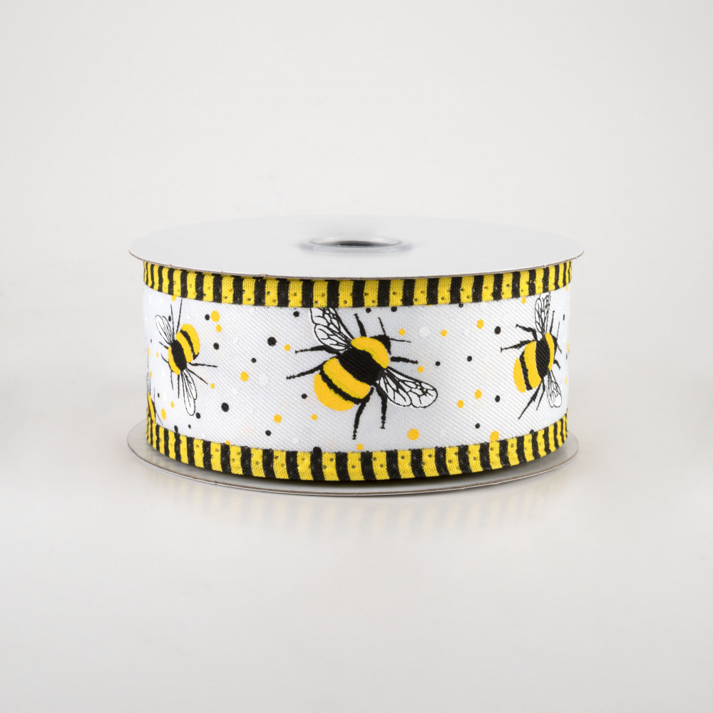 1.5 Bumble Bee Stripe Edge Ribbon: White (10 Yards)