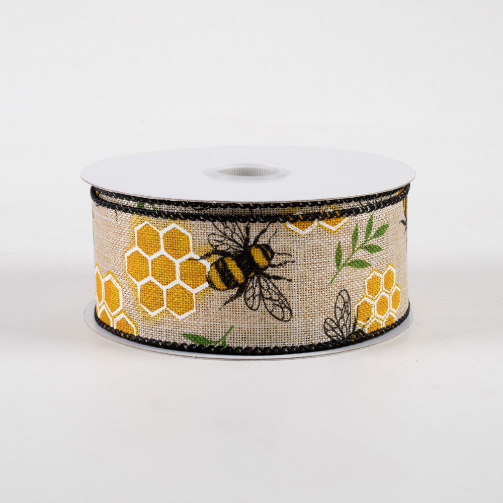 1.5 Honeycomb Bee Linen Ribbon: Natural (10 Yards)