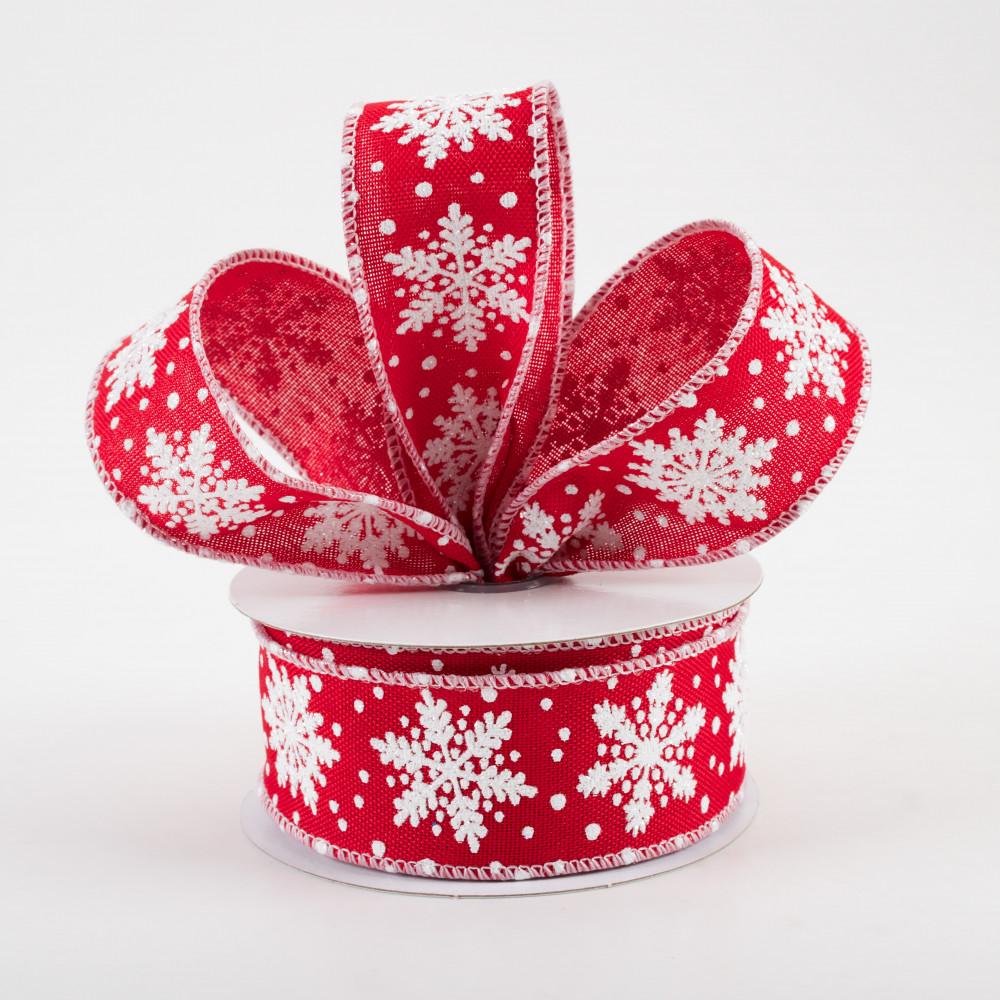 1.5 Glitter Snowflakes Ribbon: Red & White (10 Yards)