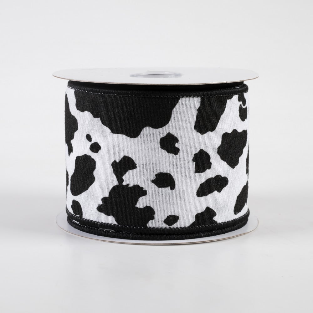 2.5 Cow Print Ribbon Black & White Wired Edges 10 Yards Animal