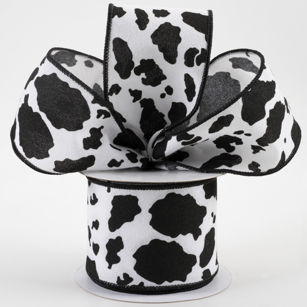 Fuzzy Cow Print 2.5 inch Wired Ribbon - White/Black