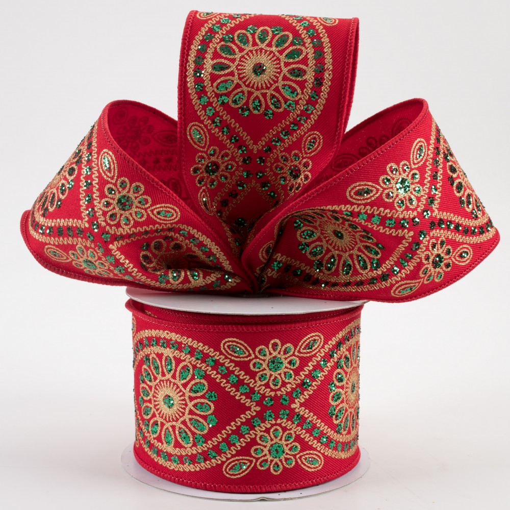 2.5 Deluxe Wavy Floral Ribbon: Red, Emerald, Gold (10 Yards)
