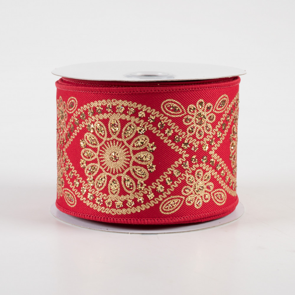 2.5 Deluxe Wavy Floral Ribbon: Red & Gold (10 Yards)