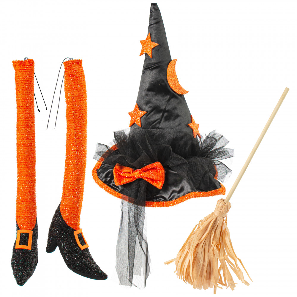 Witch Hat, Legs, Broom Wreath Accent: Black & Orange [HH7468 ...