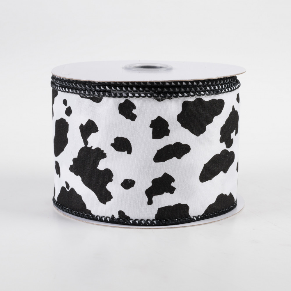 2.5 Cow Print Ribbon Black & White Wired Edges 10 Yards Animal
