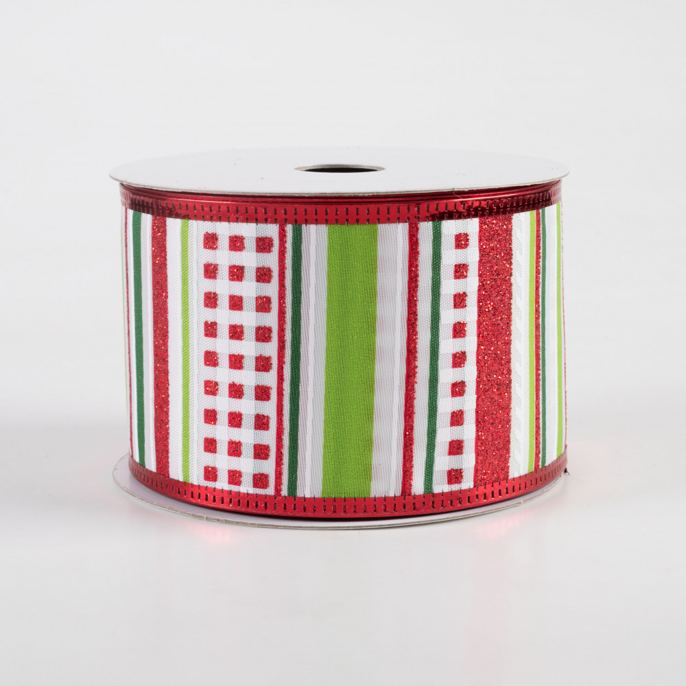 2.5 Red White Glitter Thick Stripe Satin Wired Ribbon on a 10 Yard Roll