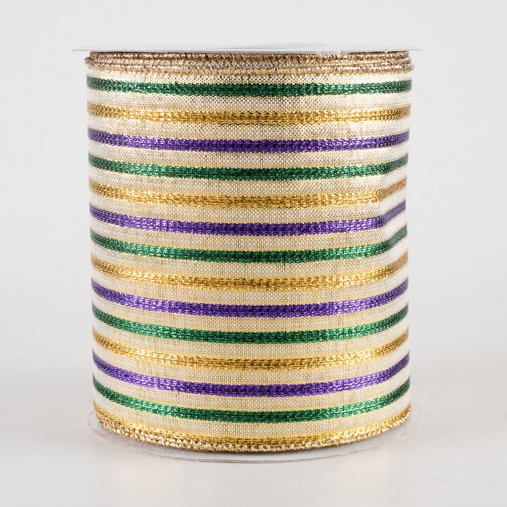 Mardi Gras - 1.5 inch x 10 Yards Vertical Stripe Tinsel Ribbon