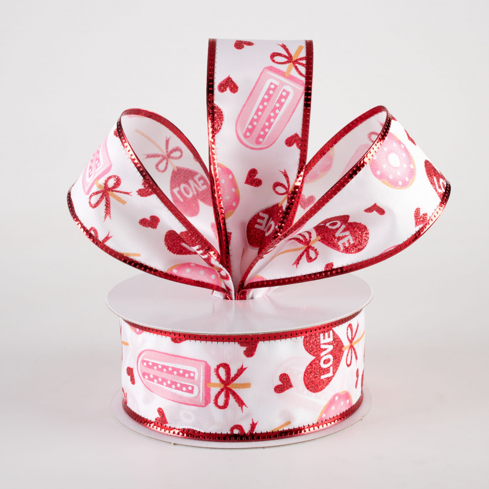 1.5 Valentine's Day Candy & Donuts Satin Ribbon: White, Red, Pink (10  Yards) [15401-09-01] 