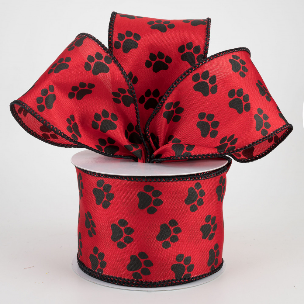 White Satin with Black Paw Prints 1.5 Wired Paw Print Ribbon 10 Yards / 30  Feet of 1.5 Inch Wire Edged Paw Print Ribbon