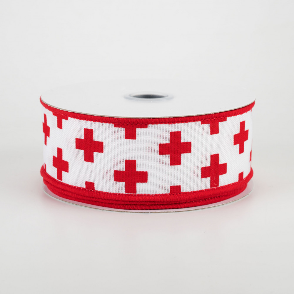 1.5 Swiss Cross Ribbon: White & Red (10 Yards)
