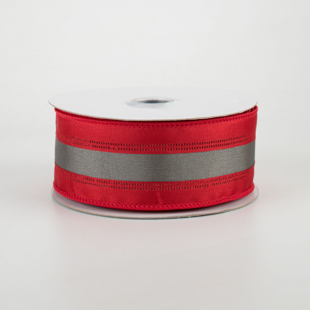 1.5 Satin Team Stripe Ribbon: Red & Grey (10 Yards) [RN5271C8] 