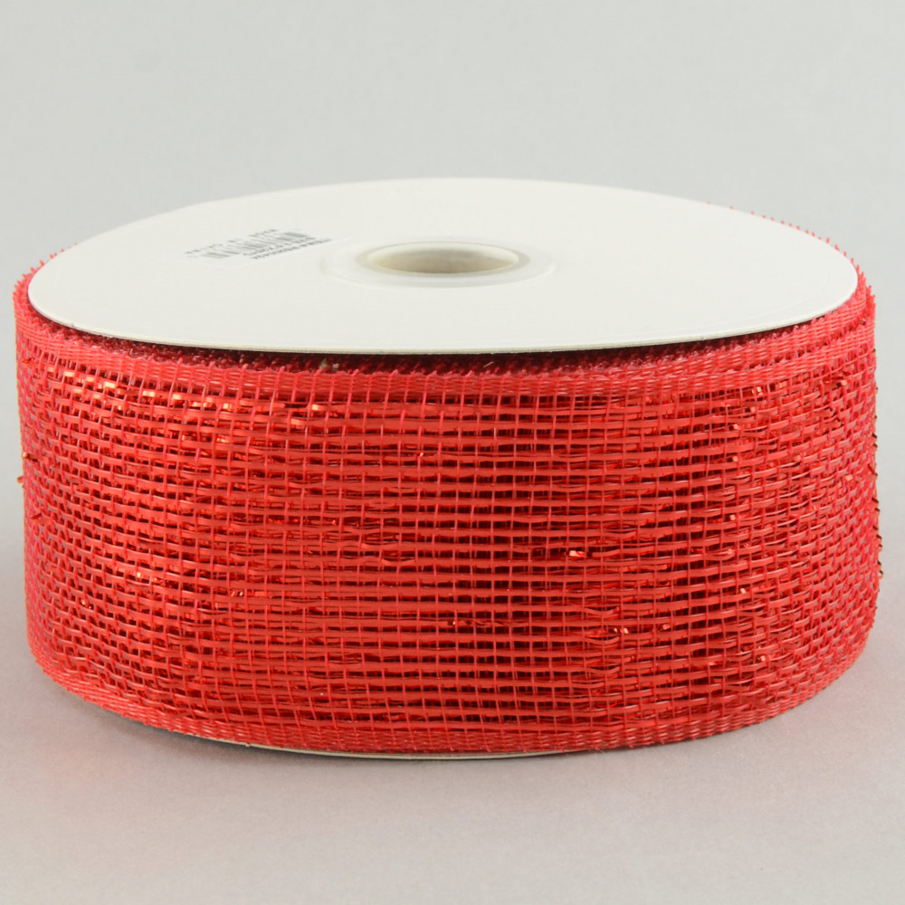 Deco Poly Mesh Ribbon - Metallic Red and White Striped 2.5 Inch Wide