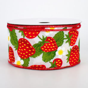 Wired Strawberry Ribbon - 2.5 inch Natural Canvas Ribbon with Bright Red  Strawberries, Green Leaves & White Flowers - 10 Yards