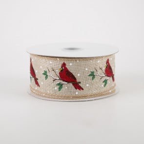 10 Yards - 1.5 Wired Cream Background Red Berry Winter Ribbon with Glitter  Accent