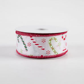 2.5 inch Wired Christmas Ribbon - Red & Black Buffalo Check Ice Skates with  Candy on Light Natural Canvas Ribbon - 50 Yards